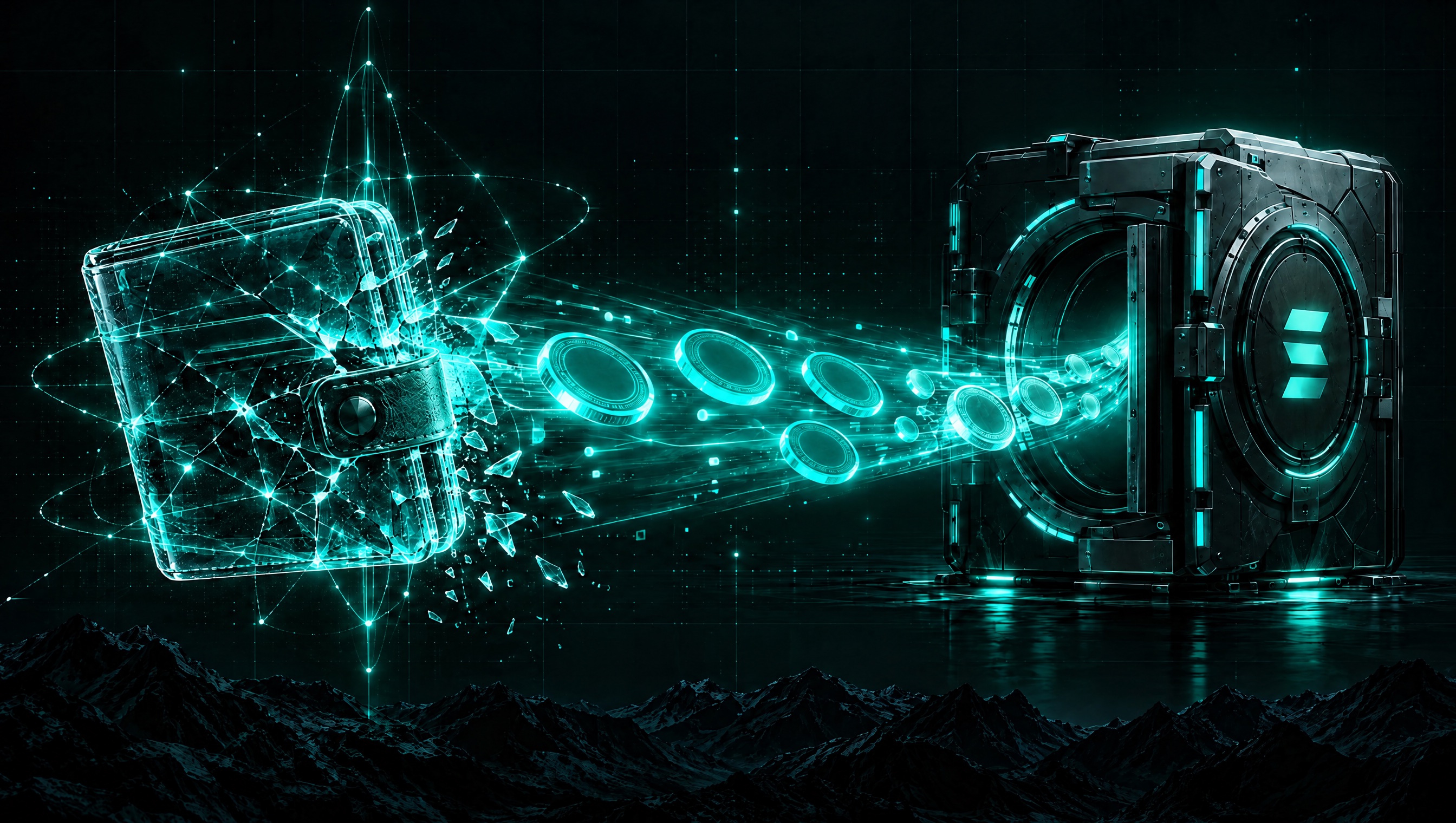An ordinary wallet cracks; its funds stream into the vault