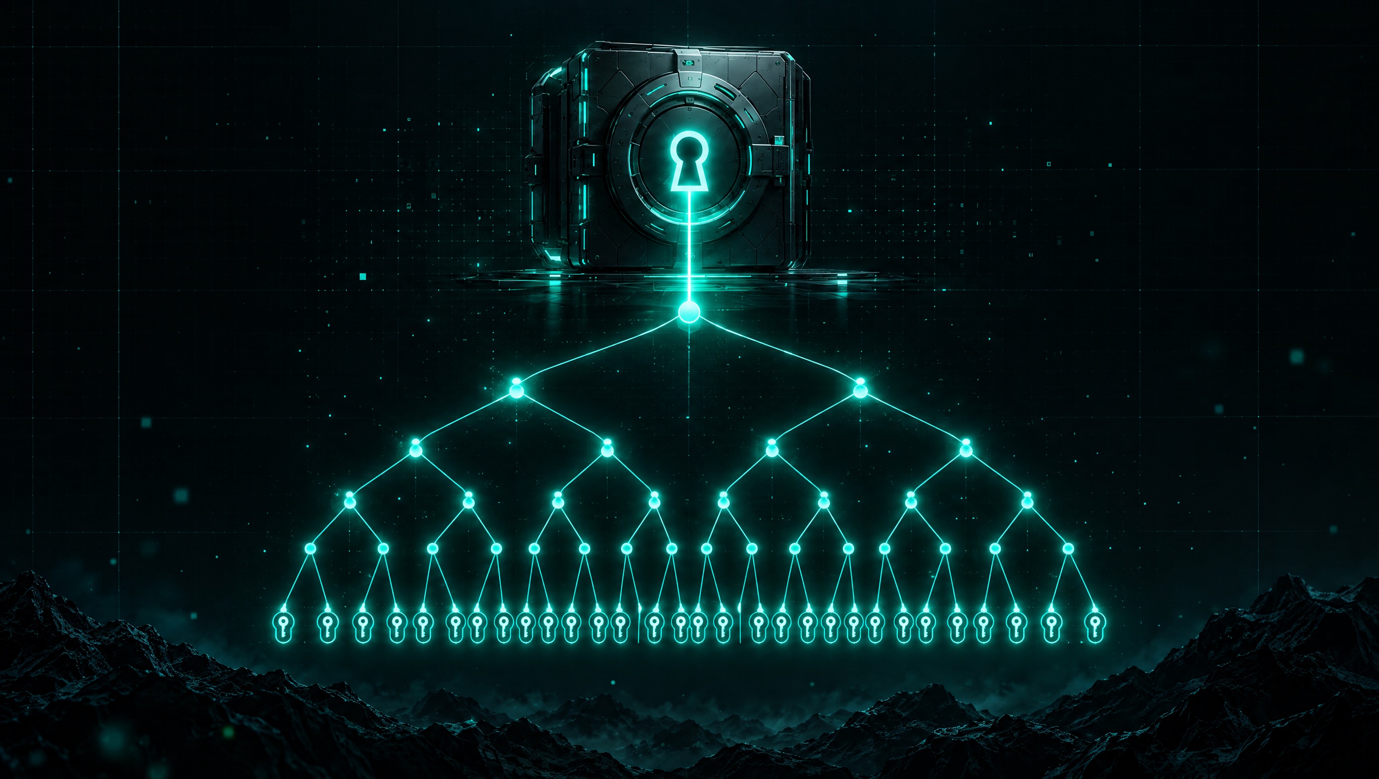 256 one-time keys merge into one root that opens the vault